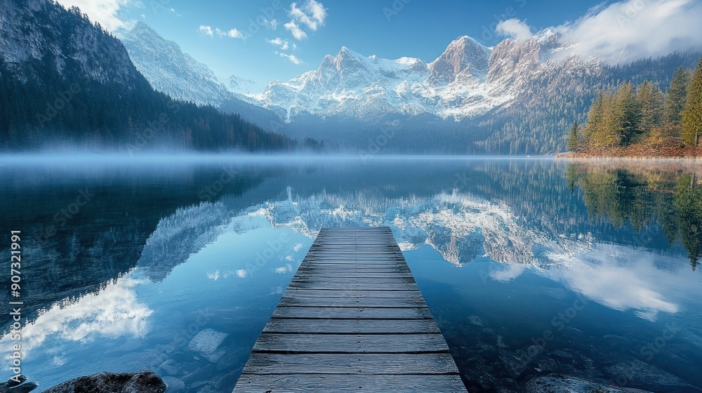 Tranquil Mountain Lake with Misty Reflections Tranquil Mountain Lake with Misty Reflections