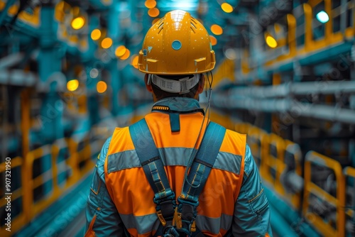 Workers in safety harnesses high above with safety equipment on blur sky background photo