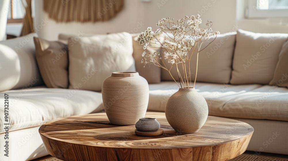 Two ceramic vases sit on top of a wooden table