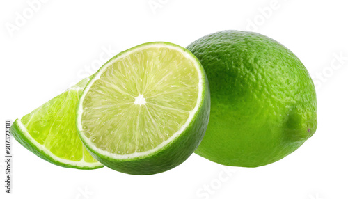 Fresh lime and a lime half showcasing their vibrant green color and juicy texture, perfect for culinary, cocktail, and health applications.