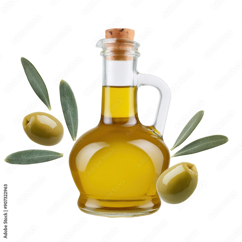 A clear glass bottle of fresh olive oil with a cork, surrounded by green olives and leaves on a white background. A clear glass bottle of fresh olive oil with a cork, surrounded by green olives and leaves on a white background.
