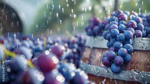 Wallpaper Mural Close-up of bunches of grapes and wine bottles in a winery, showcasing the vibrant colors and fresh produce used in winemaking.. Torontodigital.ca