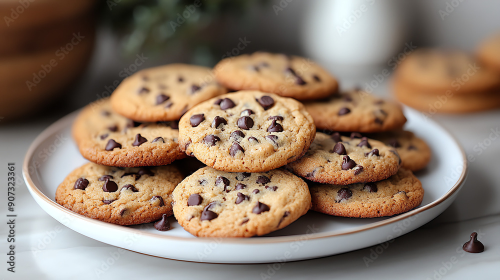 A plate piled high with chocolate chip cookies.
A plate piled high with chocolate chip cookies.