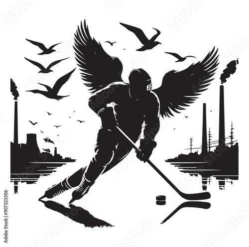 People playing ice hockey silhouette vector illustration.