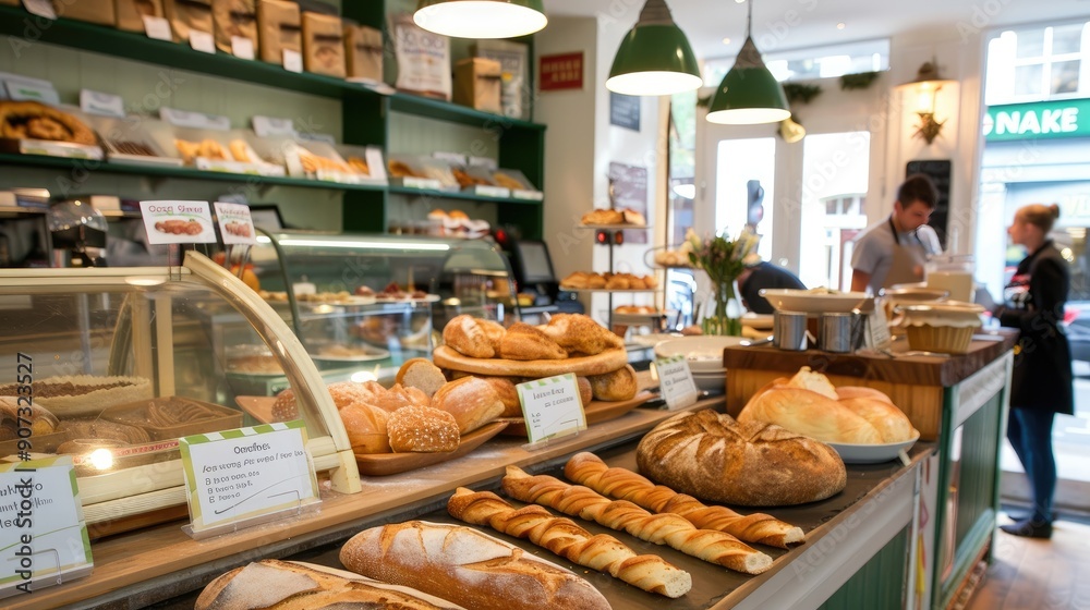 A cozy bakery with a variety of freshly baked bread and pastries displayed on a wooden counter, showcasing a warm and inviting atmosphere.. A cozy bakery with a variety of freshly baked bread and pastries displayed on a wooden counter, showcasing a warm and inviting atmosphere..
