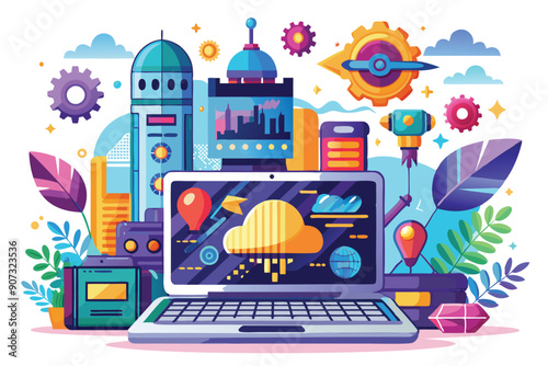 Futuristic Laptop with Cloud Computing and Technology Elements