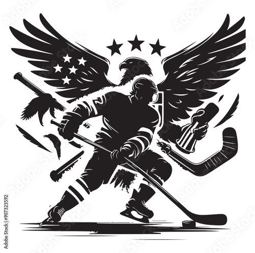 People playing ice hockey silhouette vector illustration.