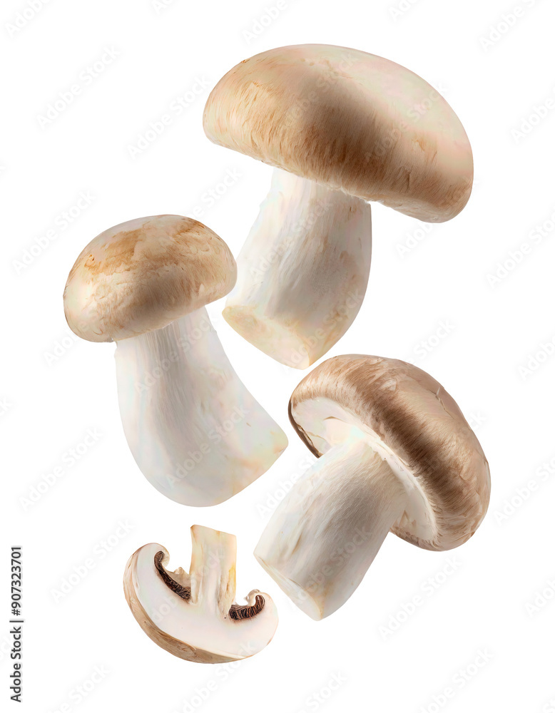 Fototapeta premium Fresh white mushrooms isolated on a white background. Ideal for cooking, recipes, and healthy eating concepts. High quality, detailed image.