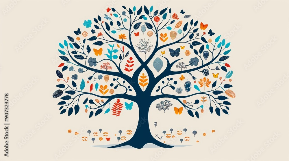 Cartoon vector Family tree with genetic connections and heritage symbols