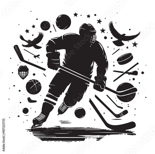 People playing ice hockey silhouette vector illustration.