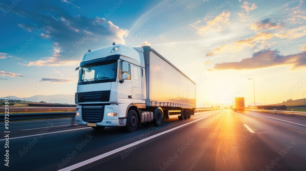 A modern semi-truck driving on a highway at sunset, showcasing transportation, logistics, and long-haul trucking services..