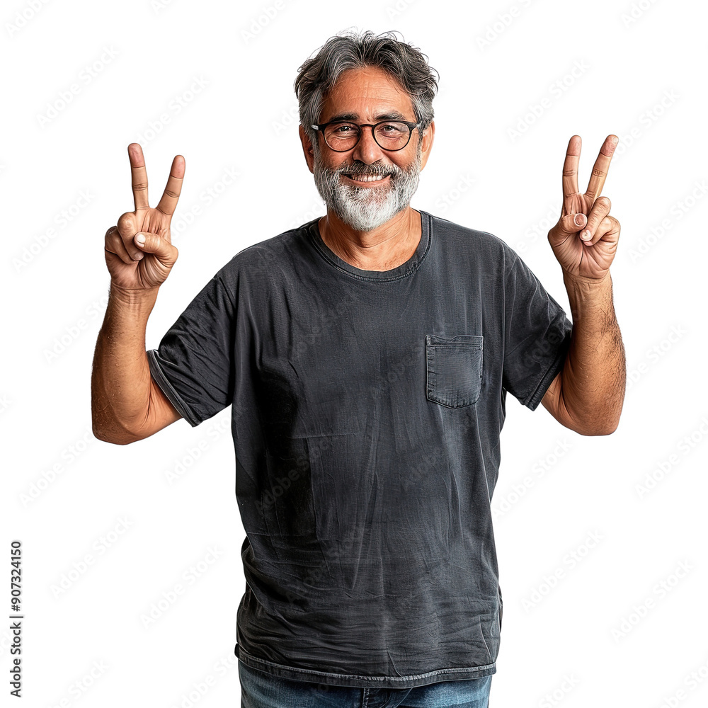 A man with a beard and glasses is holding up his hands in a peace sign