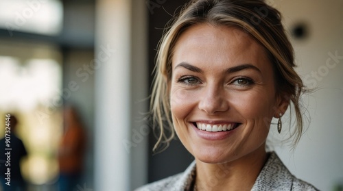 Portrait of happy female real estate agent businesswoman in front of buyer couple people in blurred background. Homeownership relocation concept