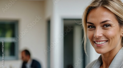 Portrait of happy female real estate agent businesswoman in front of buyer couple people in blurred background. Homeownership relocation concept Free Download Portrait of happy female real estate agent businesswoman in front of buyer couple people in blurred background. Homeownership relocation concept - GFXLoad
