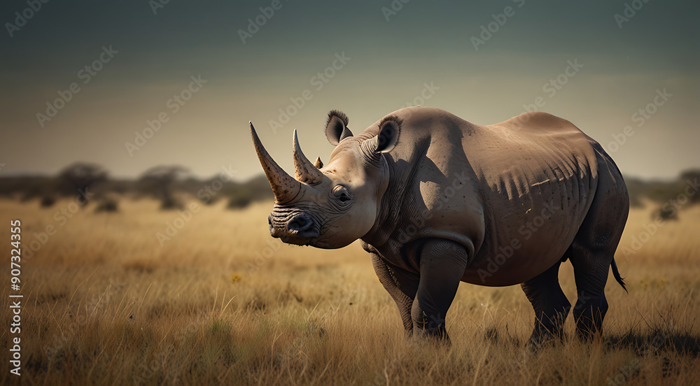 Fototapeta premium Stylized art of a Black rhino standing in a savanna landscape, showcasing its impressive horns and the expansive grasslands with a solid background and ample copy space.