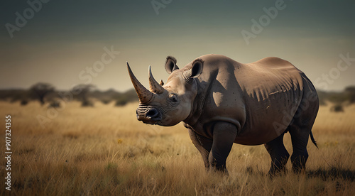 Stylized art of a Black rhino standing in a savanna landscape, showcasing its impressive horns and the expansive grasslands with a solid background and ample copy space.