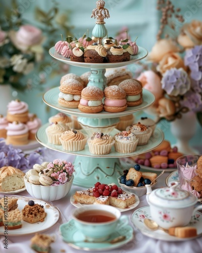 Wallpaper Mural A beautiful and decadent tea party spread with a three-tiered cake stand, assorted pastries, and a teapot. Torontodigital.ca