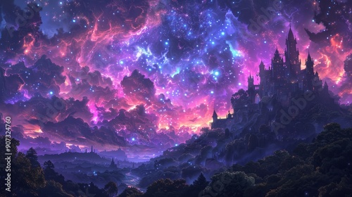 Wallpaper Mural A majestic castle stands against a vibrant, starry night sky. The sky is filled with swirling clouds of pink, purple, and blue, creating a magical atmosphere. Torontodigital.ca