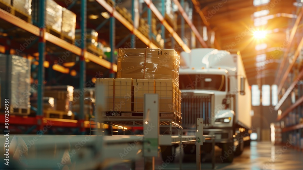 A truck is being loaded with pallets in a large warehouse at sunrise, highlighting logistics, storage, and transportation operations.. A truck is being loaded with pallets in a large warehouse at sunrise, highlighting logistics, storage, and transportation operations..