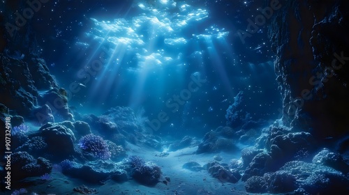A deep blue ocean with sunlight shining through the water