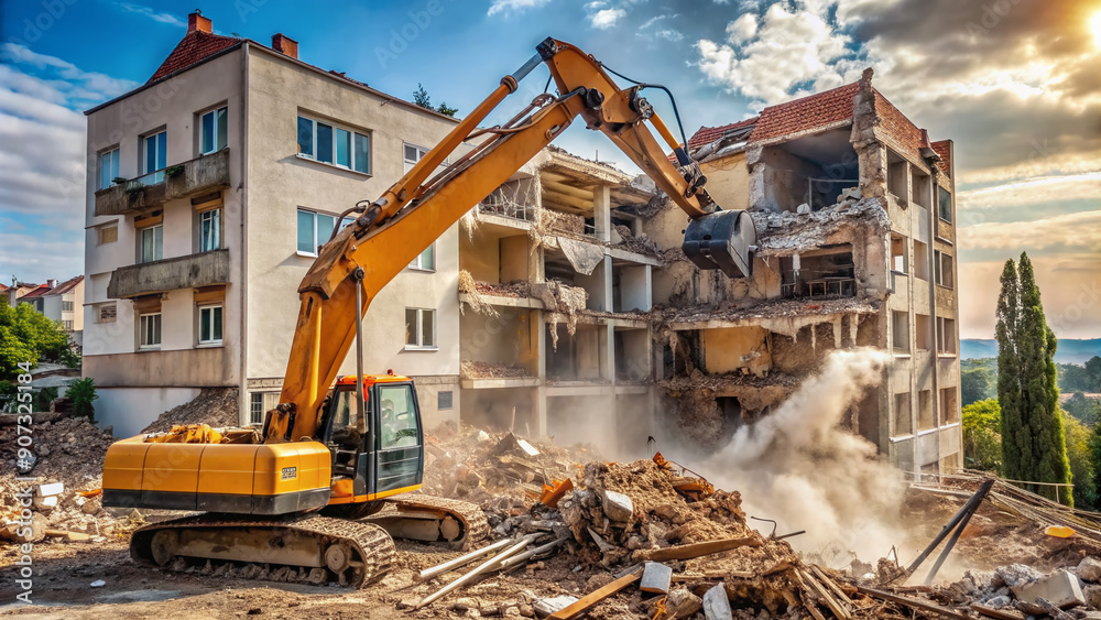A massive excavator équipé with pulverizer jaws tears down a residential building, sending debris flying as it dismantles the structure with precision and power. A massive excavator équipé with pulverizer jaws tears down a residential building, sending debris flying as it dismantles the structure with precision and power.