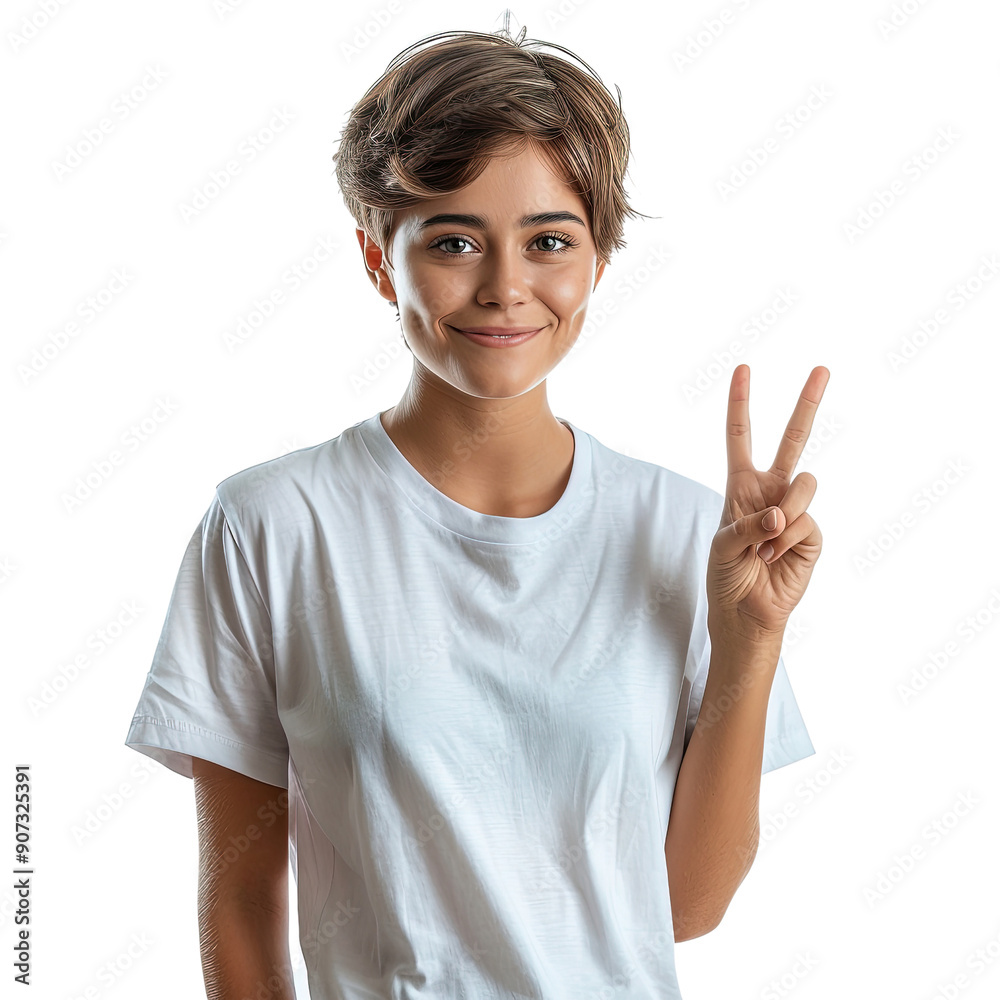 A young woman is smiling and holding up her hands in a peace sign. She is wearing a white t-shirt and has short hair A young woman is smiling and holding up her hands in a peace sign. She is wearing a white t-shirt and has short hair