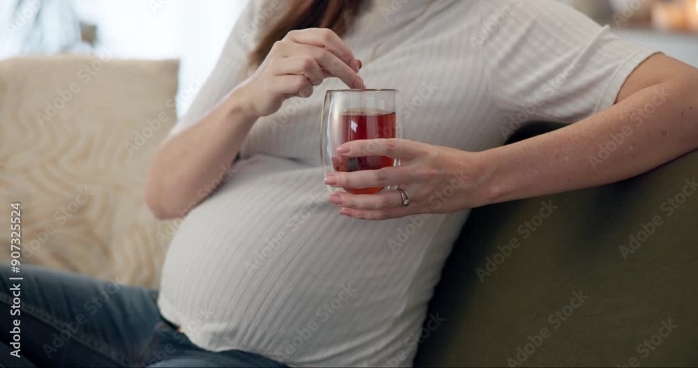 Hands, herbal tea and relax with pregnant woman on sofa in living room of home for prenatal health. Belly, drink and wellness with mother of baby in apartment for maternal detox or nutrition diet Hands, herbal tea and relax with pregnant woman on sofa in living room of home for prenatal health. Belly, drink and wellness with mother of baby in apartment for maternal detox or nutrition diet