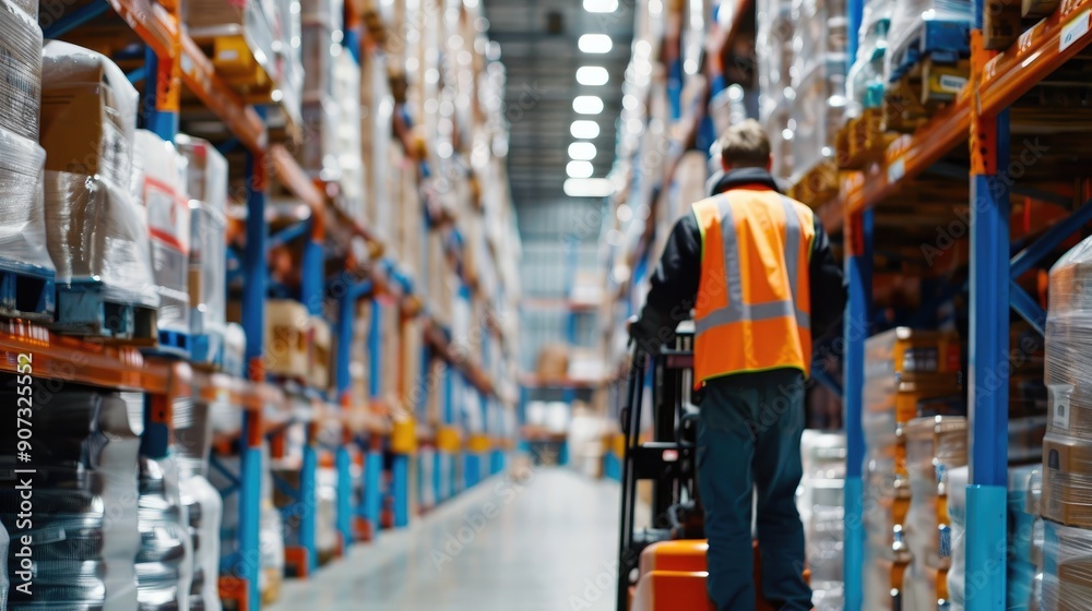 A warehouse worker in a yellow vest managing inventory with a cart in a brightly lit warehouse at sunrise.. A warehouse worker in a yellow vest managing inventory with a cart in a brightly lit warehouse at sunrise..