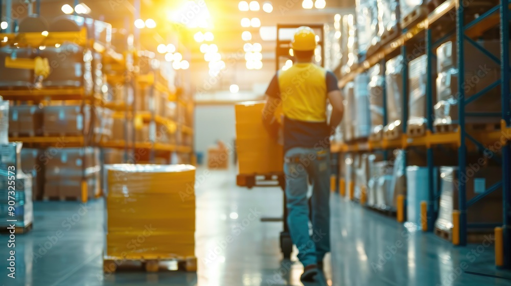A warehouse worker in a yellow vest managing inventory with a cart in a brightly lit warehouse at sunrise.. A warehouse worker in a yellow vest managing inventory with a cart in a brightly lit warehouse at sunrise..