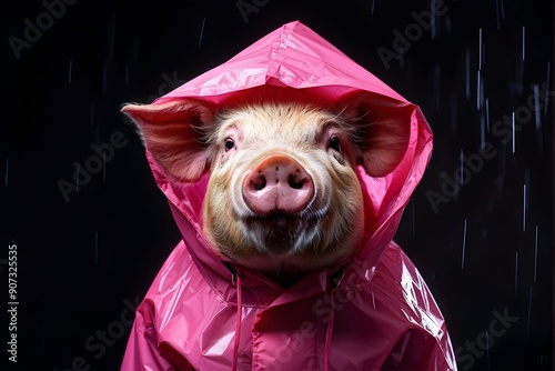 pig in pink hooded raincoat while raining