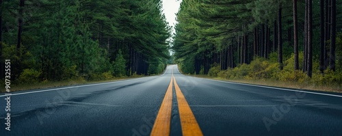 Long stretch of highway bordered by dense pine forest, sense of vastness and solitude photo