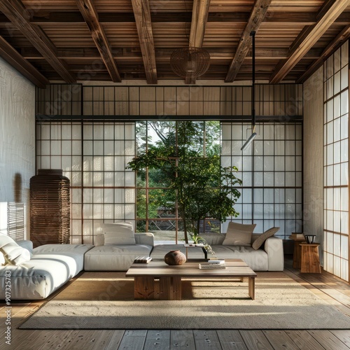 Japandi style in modern home: fusion of Japanese and Scandinavian interior design elements for a serene living room ambiance.