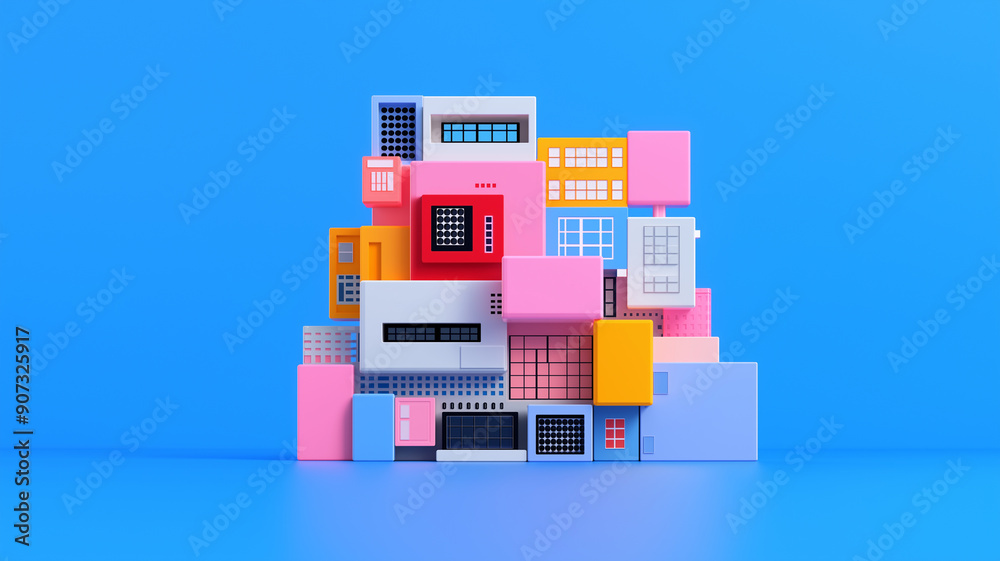 Colorful geometric shapes stacked together against a vibrant blue background, creating a playful and artistic arrangement. Colorful geometric shapes stacked together against a vibrant blue background, creating a playful and artistic arrangement.