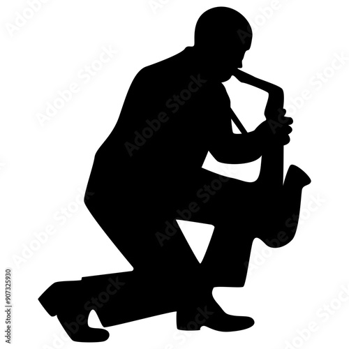 Black Silhouette of Jazz Musician. Isolated Flat Vector Illustration