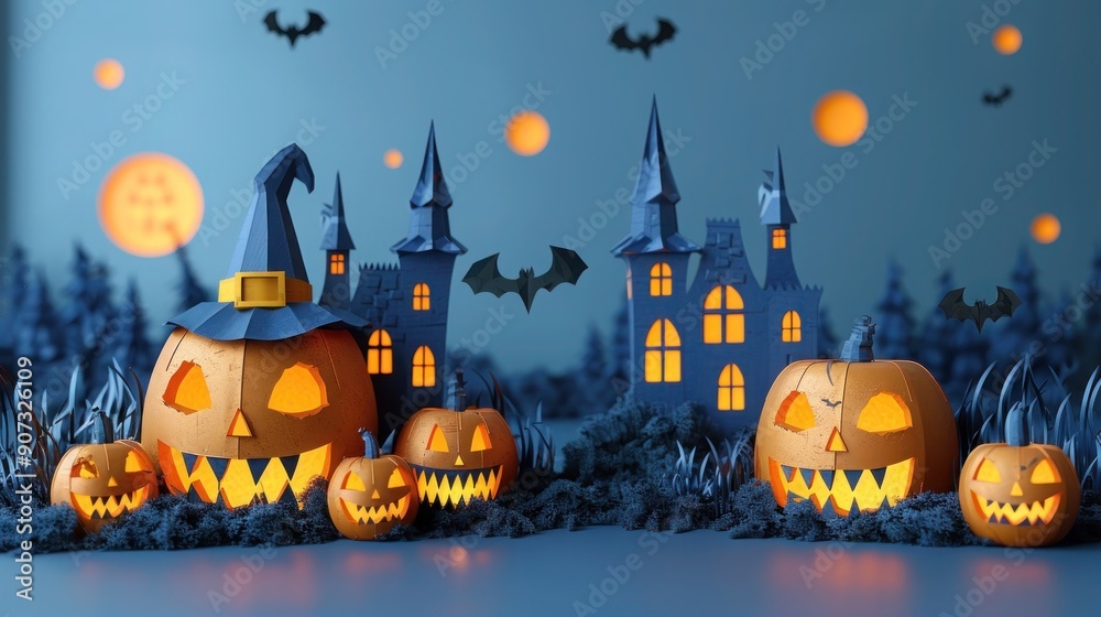 Fototapeta premium Halloween Banner with Jack-o-Lantern Pumpkins and Paper Castle Illustration