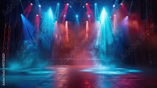 A stage lit up with bright blue and red lights, ideal for music concerts or performances