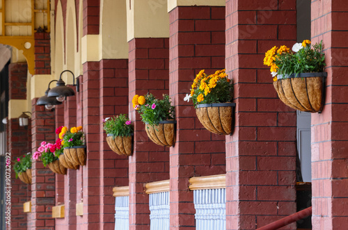 Flower baskets hanging on the wall, pillars of a building in a small town, Western Australia photo