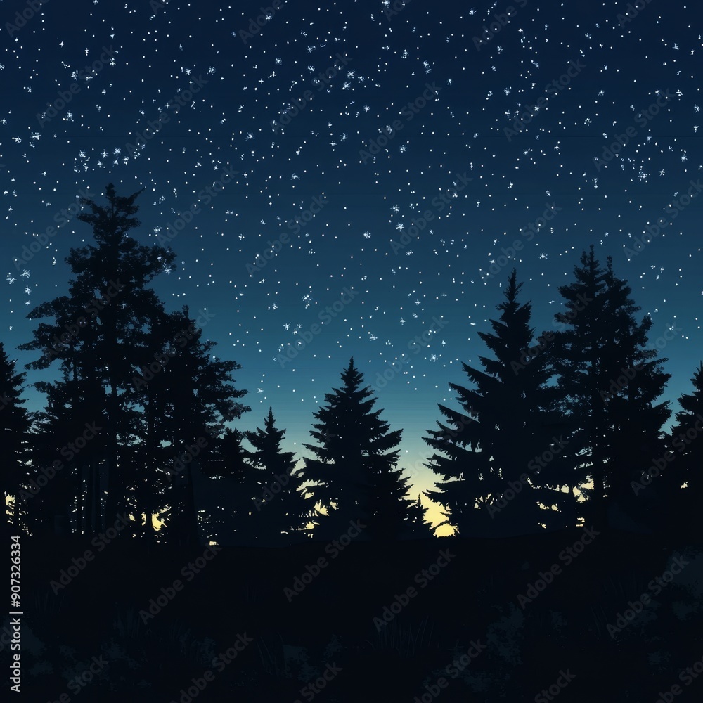 Silhouette forest under a starry night sky with trees. Silhouette forest under a starry night sky with trees.