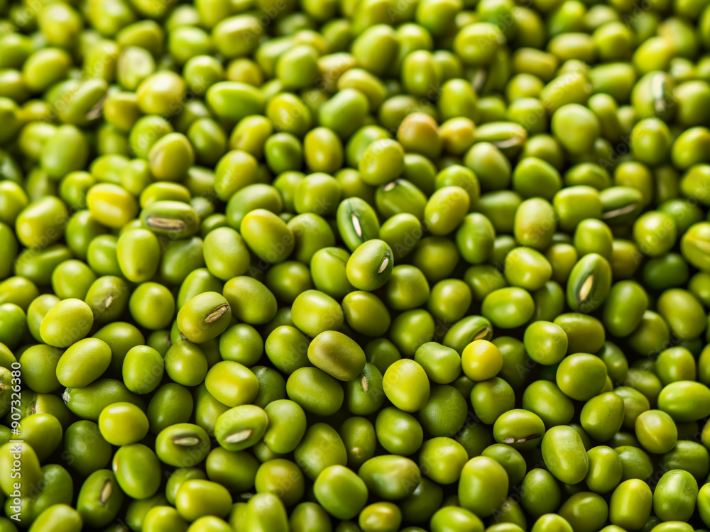 Vibrant green mung beans overflow the frame, showcasing their delicate shape and subtle sheen, creating a stunning still life composition. Vibrant green mung beans overflow the frame, showcasing their delicate shape and subtle sheen, creating a stunning still life composition.