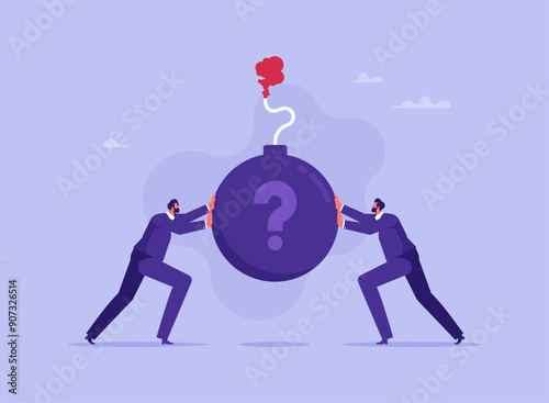 Pushing problems and troubles onto each other concept, shirking responsibility for wrong mistakes or decisions, being selfish and irresponsible, two businessmen pushing a burning bomb onto each other