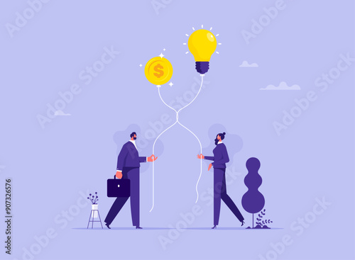 Venture capital or financial support for startup and entrepreneur company concept, make money idea or idea pitching for fund raising, businessman and woman merge lightbulb balloon and money coin ballo
