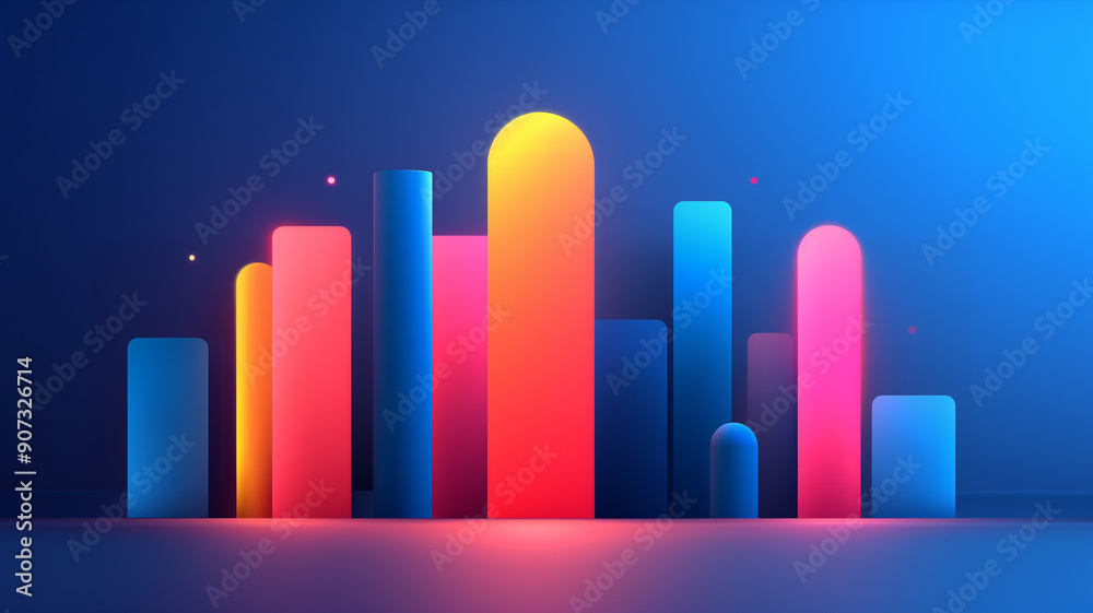Vibrant abstract bars in neon colors against a dark blue background, perfect for technology and data visualization themes. Vibrant abstract bars in neon colors against a dark blue background, perfect for technology and data visualization themes.