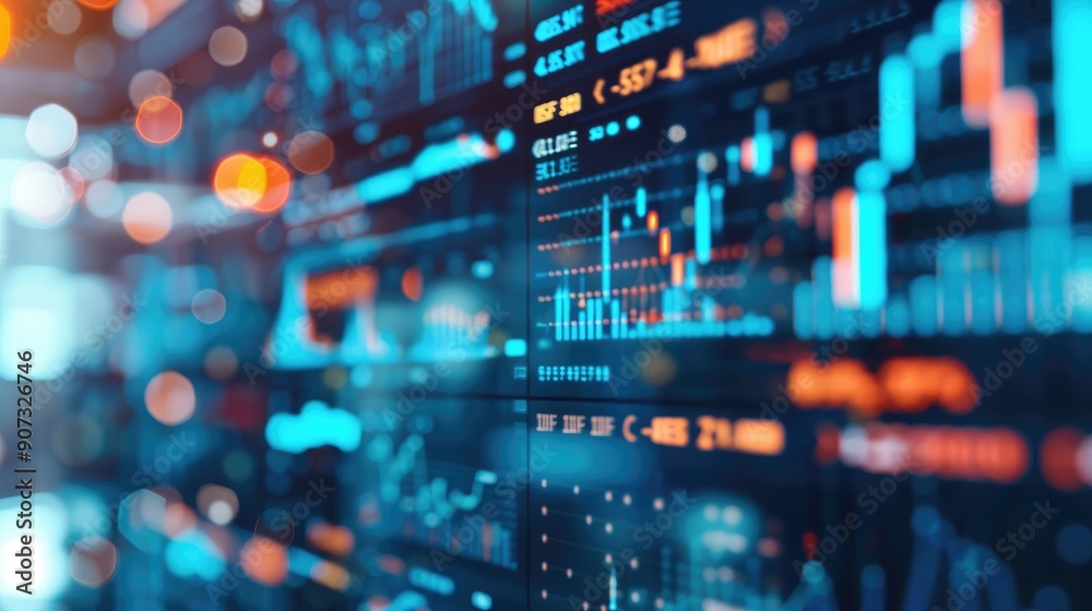 Close-up of stock market charts and data visualization on digital screens, illustrating market trends, financial analysis, and trading activity.. Close-up of stock market charts and data visualization on digital screens, illustrating market trends, financial analysis, and trading activity..