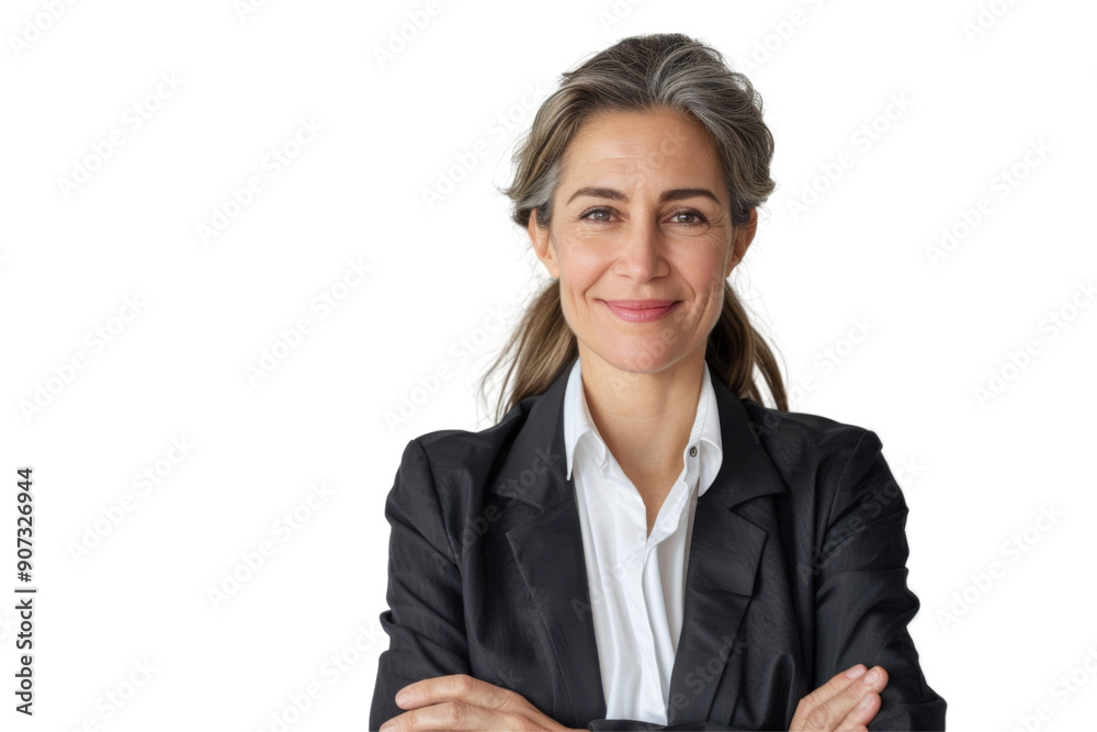 Middle aged female entrepreneur with ponytail in professional outfit smiling Isolated on white background Middle aged female entrepreneur with ponytail in professional outfit smiling Isolated on white background