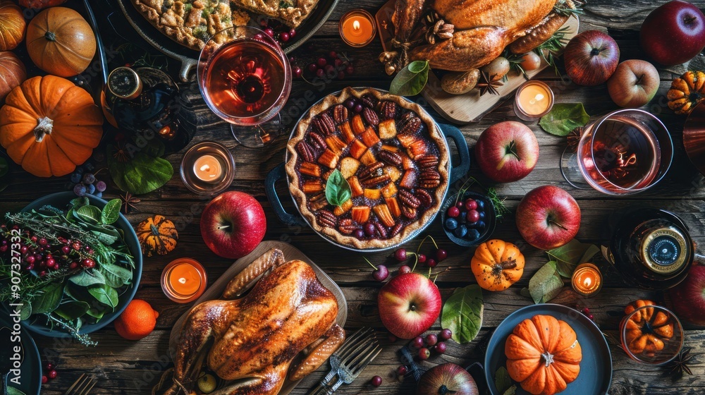Friendsgiving Feast: Turkey, Pie, and Wine on Thanksgiving Day Table - Top View Friendsgiving Feast: Turkey, Pie, and Wine on Thanksgiving Day Table - Top View