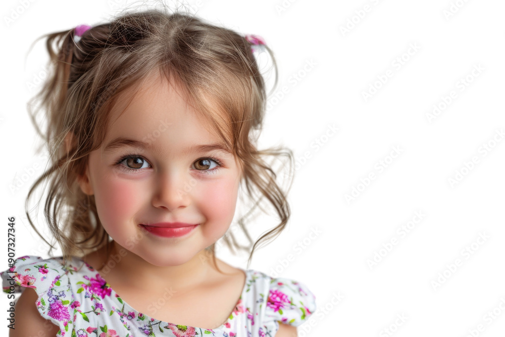 Playful little girl with rosy cheeks in a floral dress Isolated on white background Playful little girl with rosy cheeks in a floral dress Isolated on white background