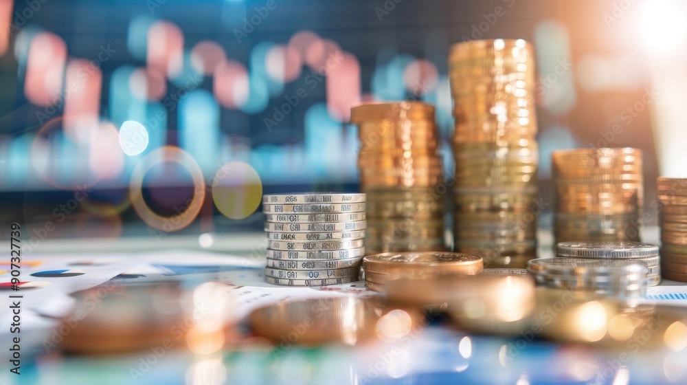 Stacks of gold coins placed on top of financial charts and graphs, symbolizing wealth, investment, and financial growth.. Stacks of gold coins placed on top of financial charts and graphs, symbolizing wealth, investment, and financial growth..