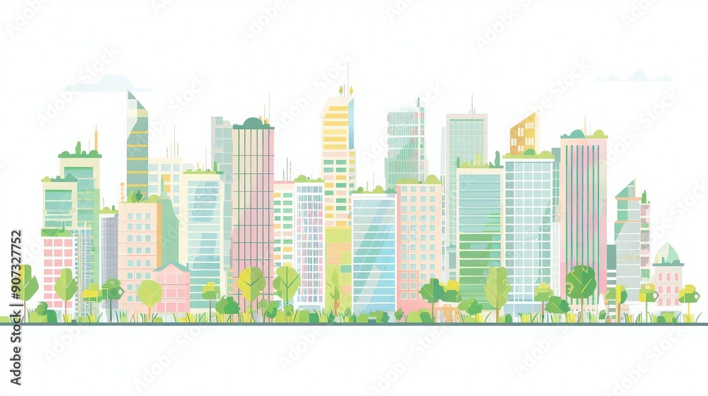 Fototapeta premium A vibrant city skyline with modern buildings and green spaces, depicting a harmonious blend of nature and urban life.