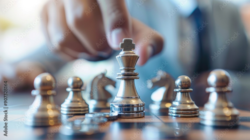 Close-up of a businessman's hand moving a chess piece, symbolizing strategic thinking and decision-making in business...