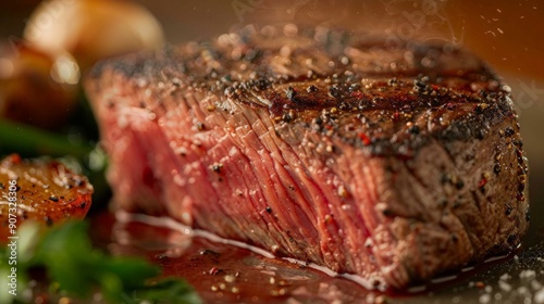 A beautifully seared steak on a plate, close-up of the crust and garnish 